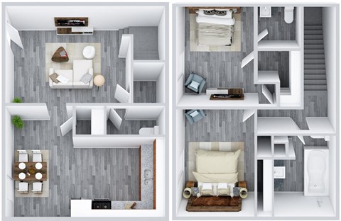 the layouts of bedrooms and living room in a 3d floor plan